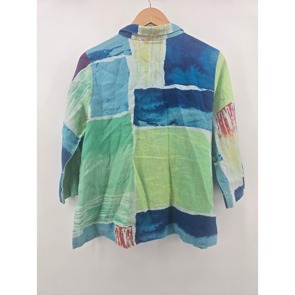 Ali‎ Miles Linen Top Womens PM Abstract Colorblock 3/4 Sleeve Button EUC - Picture 4 of 4